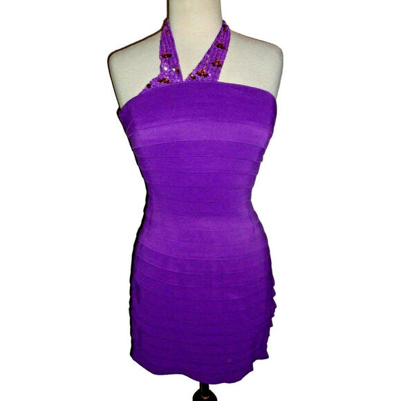 SHERRI HILL Purple Mini Prom Cocktail Evening Gown Bandage Bodycon Dress sz 4 - Picture 1 of 6